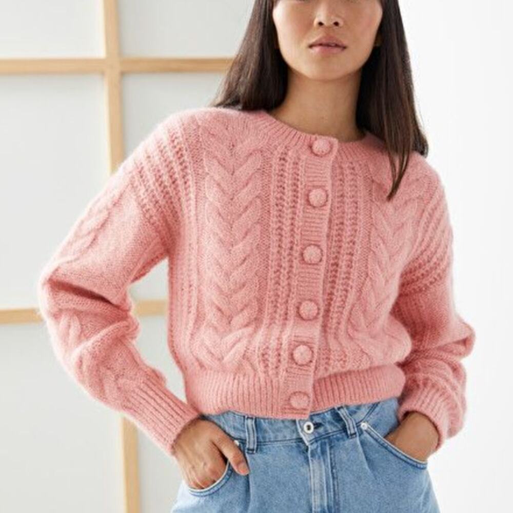 & Other Stories Pink Wool Cable Knit Cardigan Sweater (S)